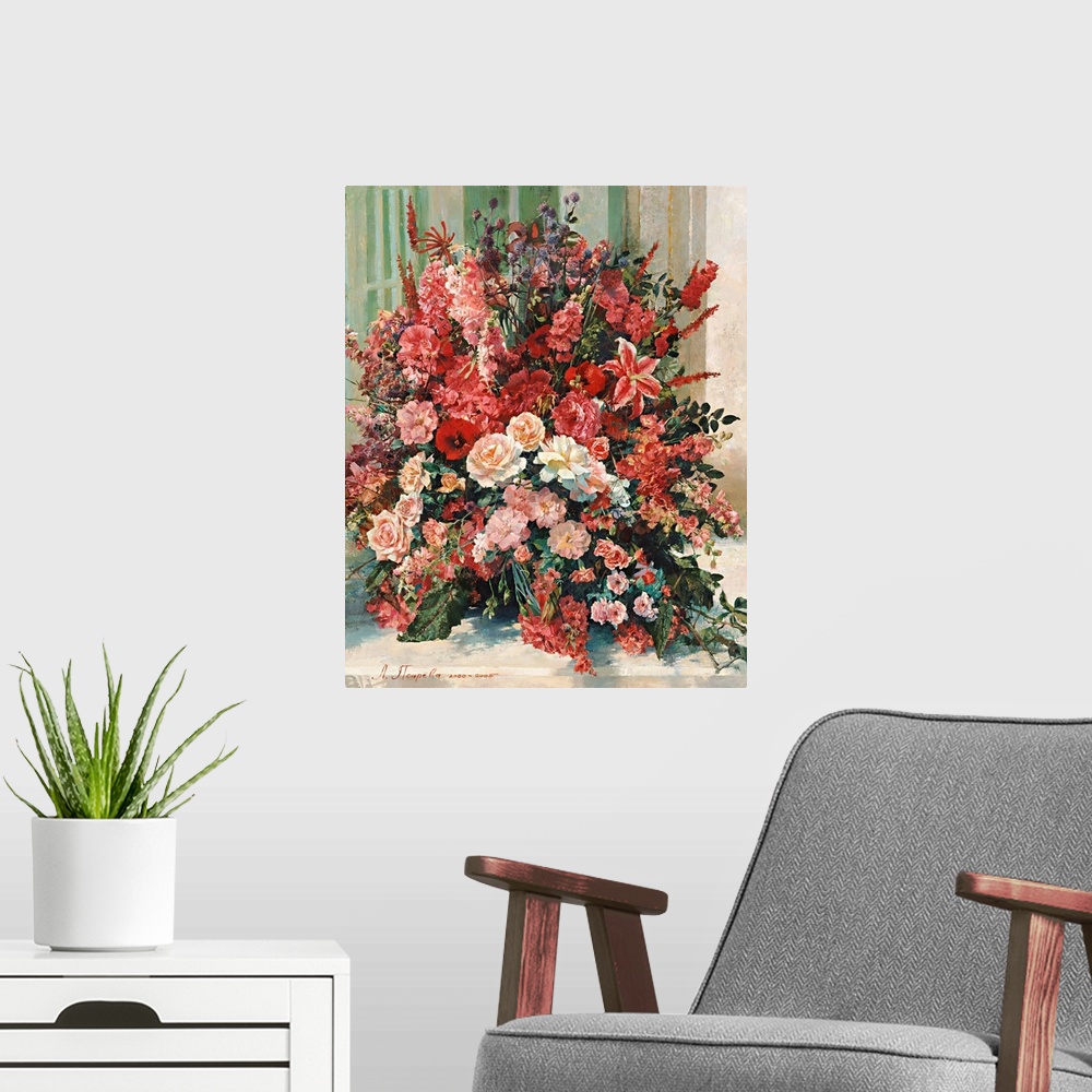 A modern room featuring Contemporary painting of a warm and inviting bouquet of flowers in red tones.