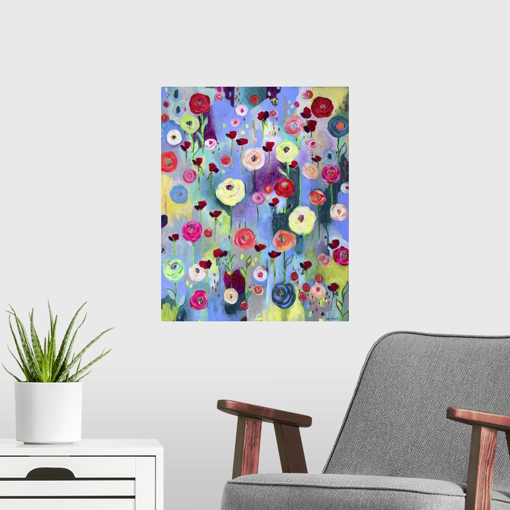A modern room featuring Large painting with vibrant flowers covering the canvas on a colorful background.