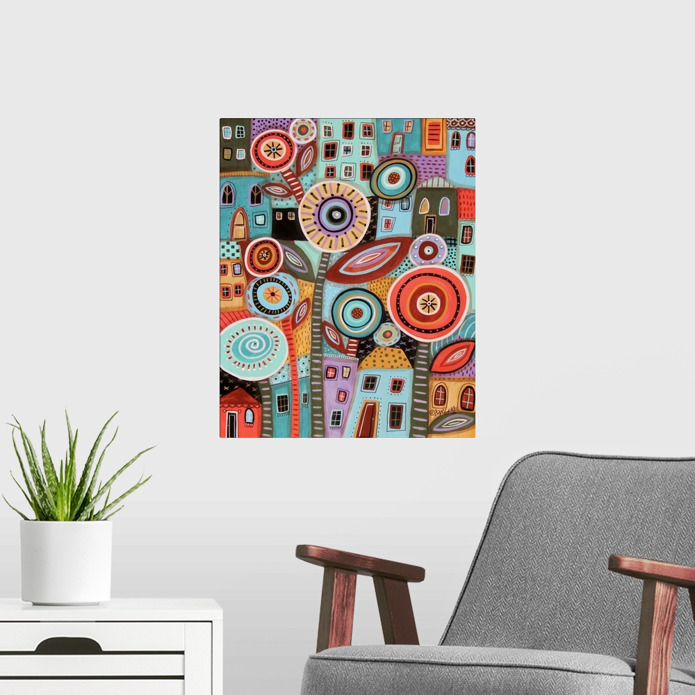 A modern room featuring A contemporary painting of a giant flower against a background of stacked and squished houses.