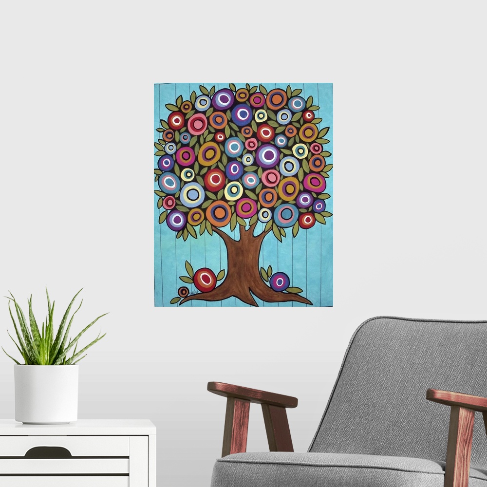 A modern room featuring Contemporary painting of a tree with multi-colored round flowers.