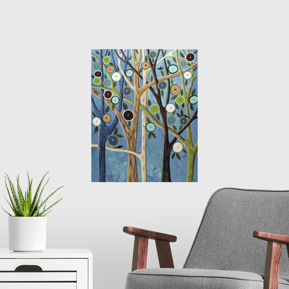 A modern room featuring Contemporary painting of a forest of trees with long branches and round flowers.