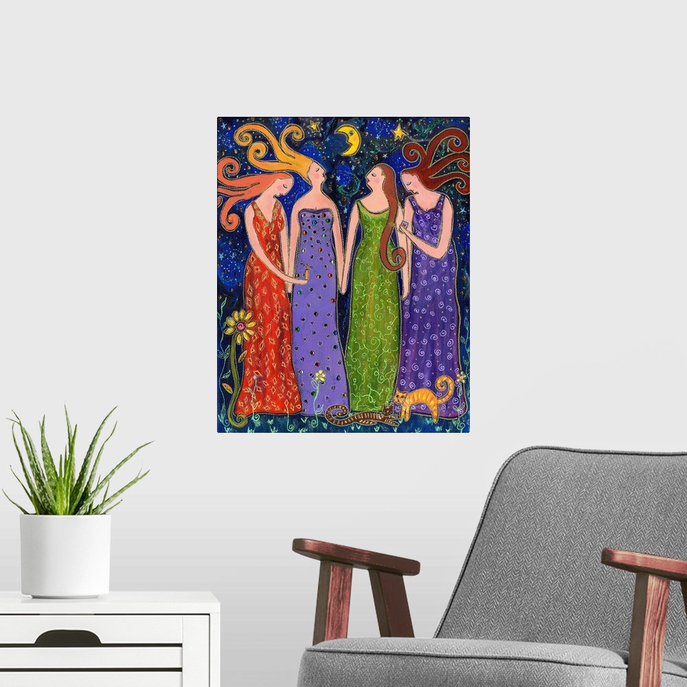 A modern room featuring Four women in long dresses standing under the night sky.