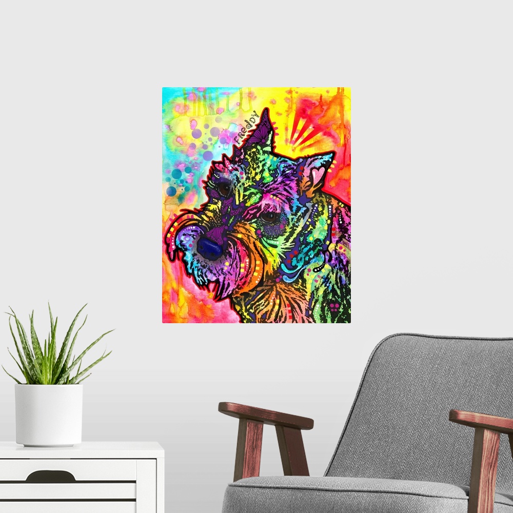 A modern room featuring Vibrant painting of a Schnauzer named Freddy with colorful markings and his name handwritten abov...