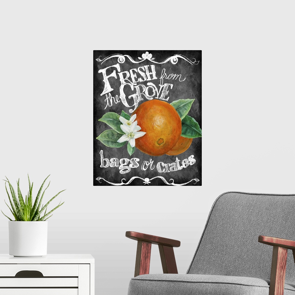 A modern room featuring Chalkboard-style sign for fresh fruit from the Farmer's Market.