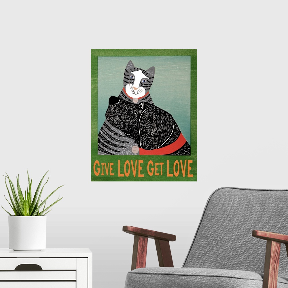 A modern room featuring Illustration of a cat and dog snuggling each other with the phrase "Give Love Get Love" written o...
