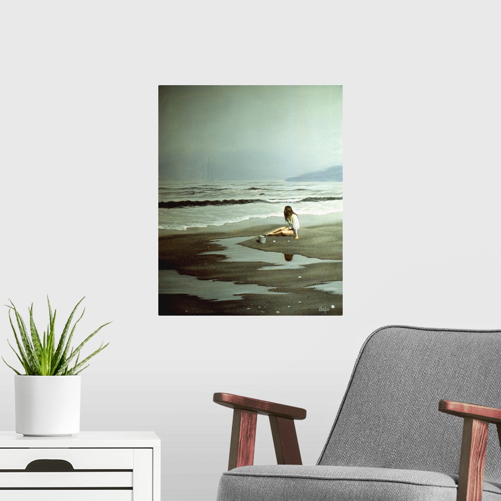 A modern room featuring Contemporary painting of a young woman on the beach watching the waves.