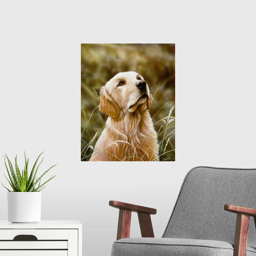 A modern room featuring Contemporary painting of a golden retriever sitting and looking up at something.