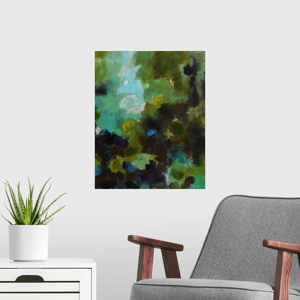 A modern room featuring Aqua toned abstract painting, reminiscent of a pond or garden.