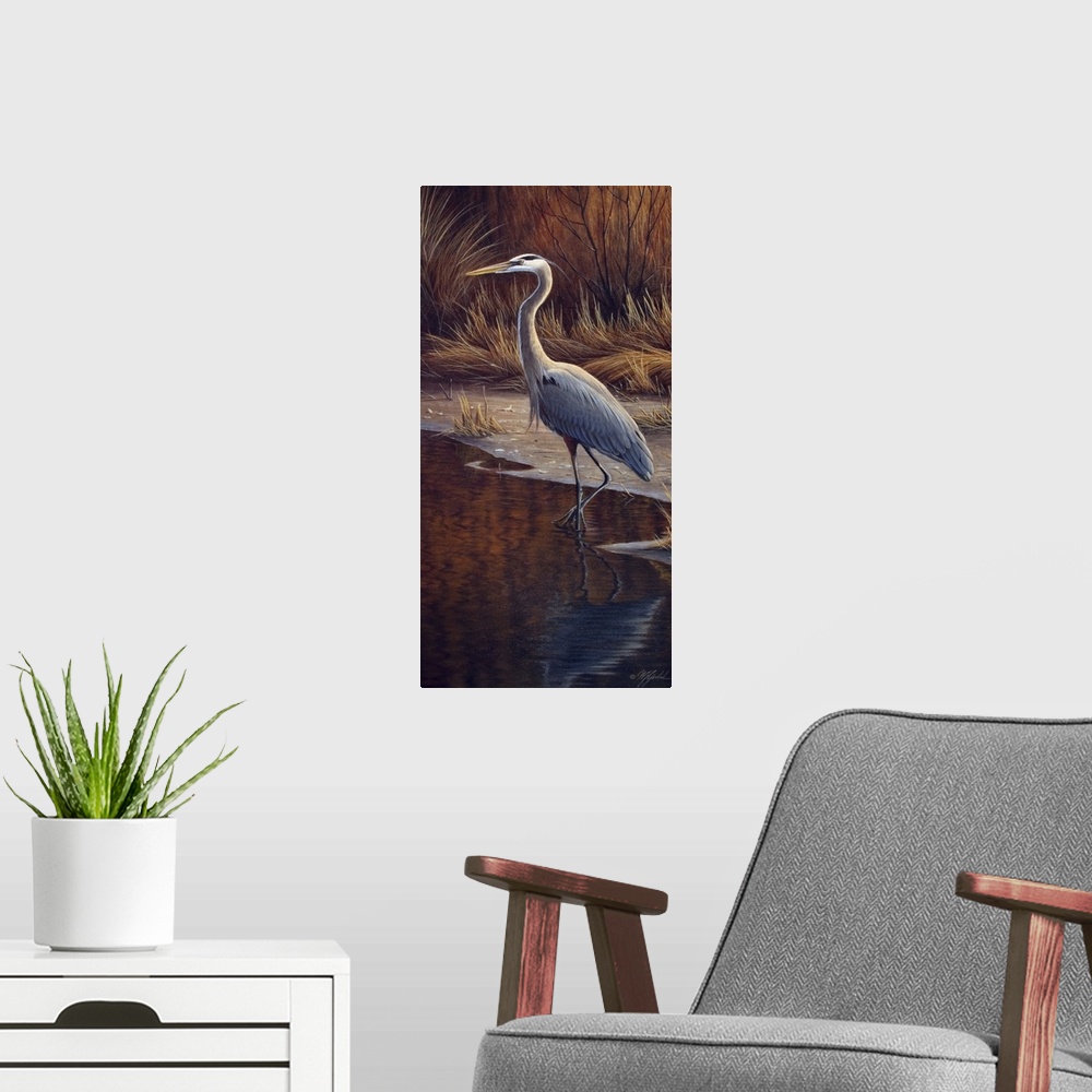 A modern room featuring Heron standing at the edge of the water.