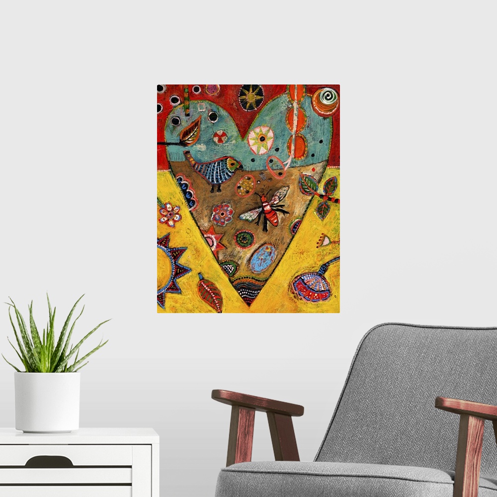A modern room featuring Lighthearted contemporary painting of a heart with a collage of birds and bugs and flowers inside.