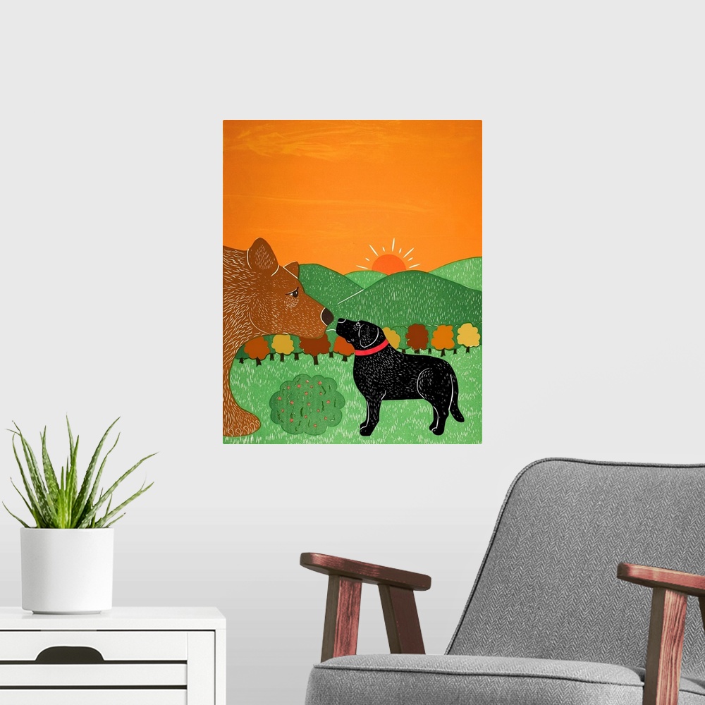 A modern room featuring Illustration of a black lab and a brown bear smelling/greeting each other on a sunny Fall day.
