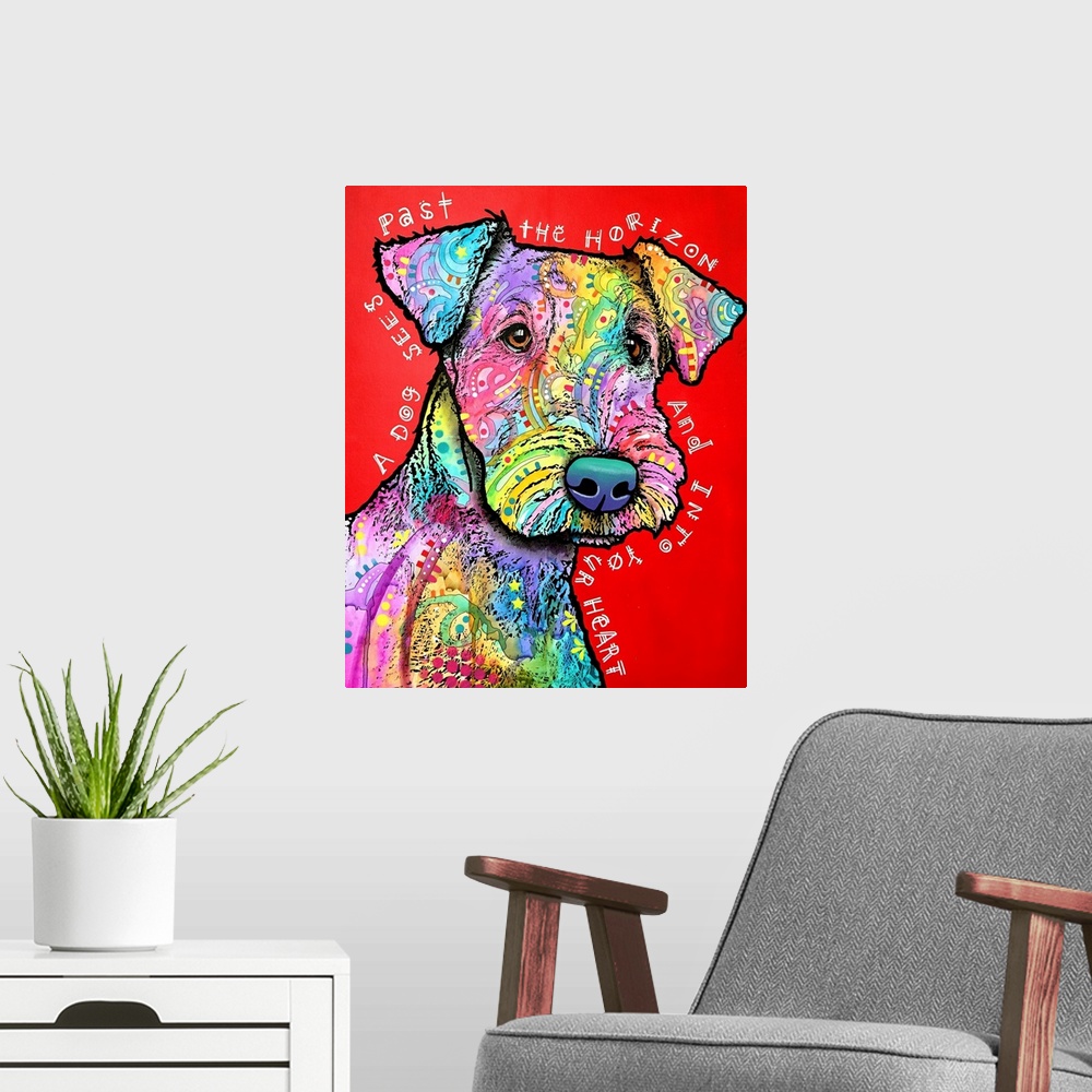 A modern room featuring "A Dog Sees Past the Horizon and Into Your Heart" handwritten around a colorful Airedale dog with...