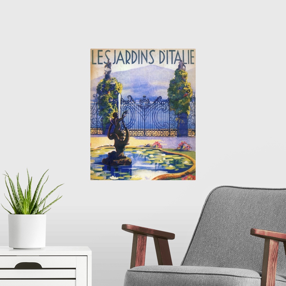 A modern room featuring Vintage poster advertisement for Italian Gardens.