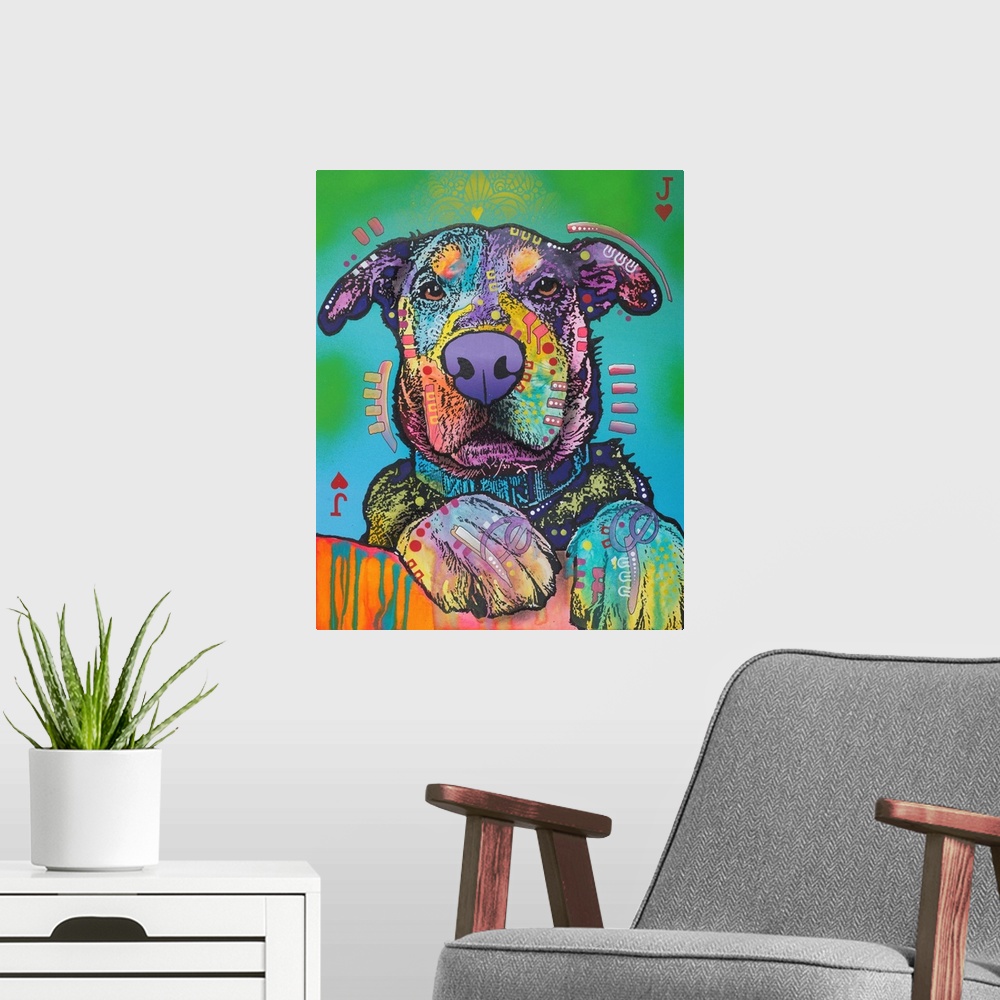 A modern room featuring Colorfully designed painting of a dog with its paws in the foreground on a blue and green backgro...