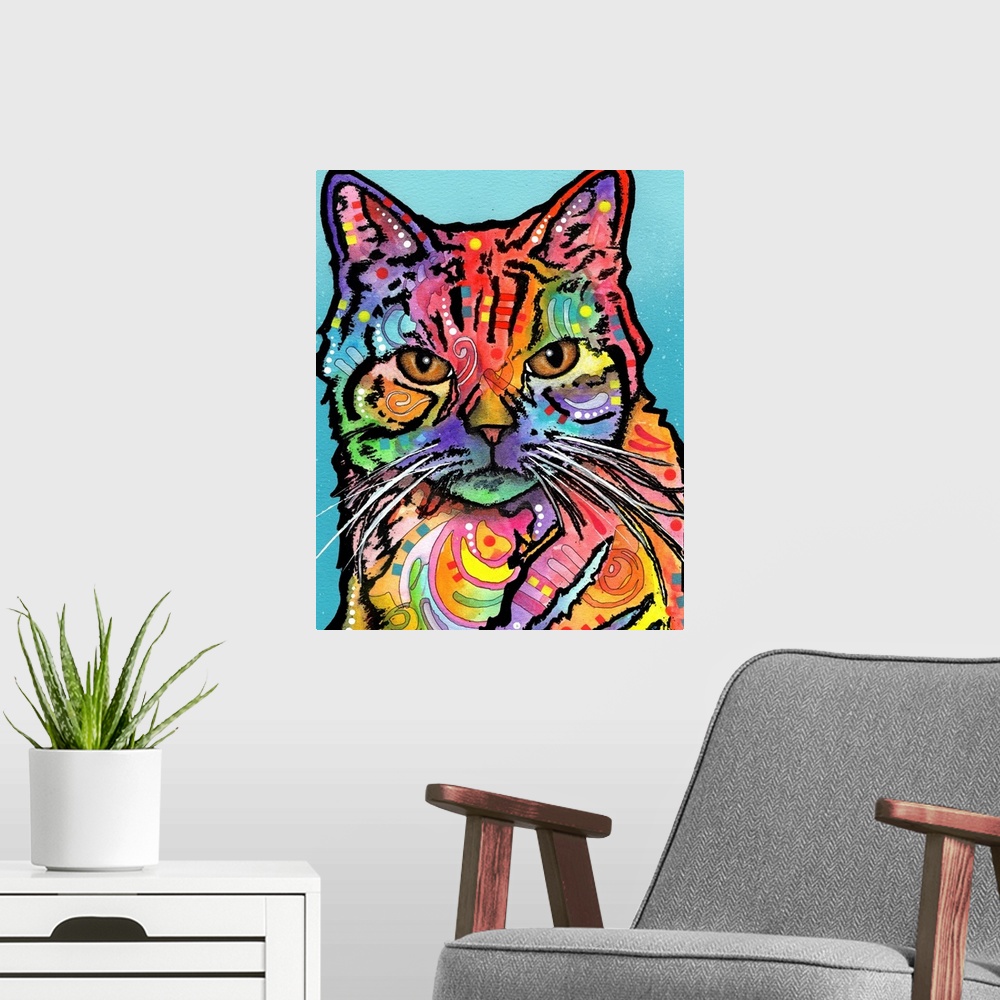 A modern room featuring Colorful illustration of a cat with graffiti-like markings on a blue background.