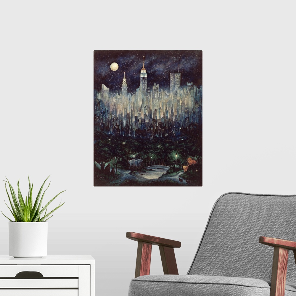 A modern room featuring New York City skyline with a jungle setting fading into it.