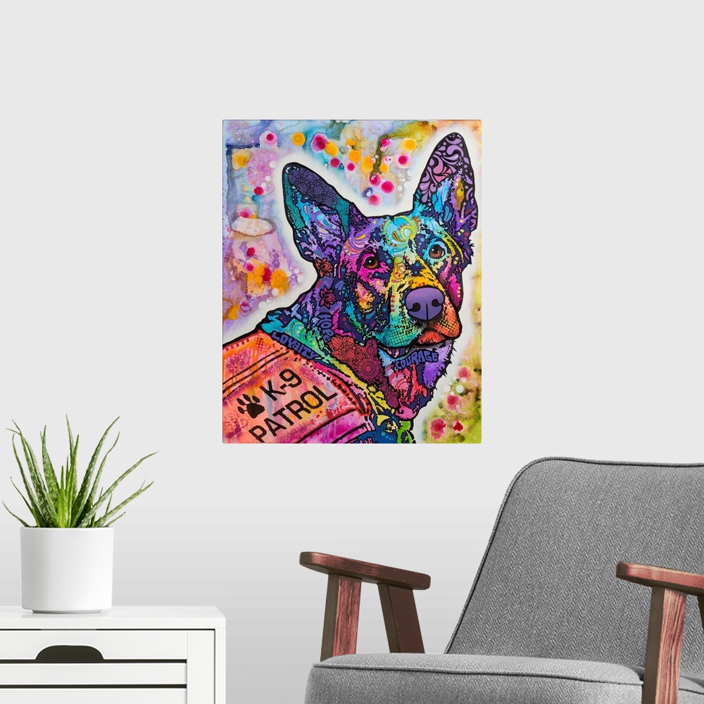 A modern room featuring Pop art style painting of German Shepard dog with abstract designs wearing a K-9 Patrol vest.