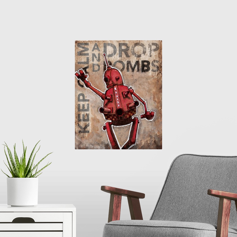 A modern room featuring Illustration of a red robot armed with missles.
