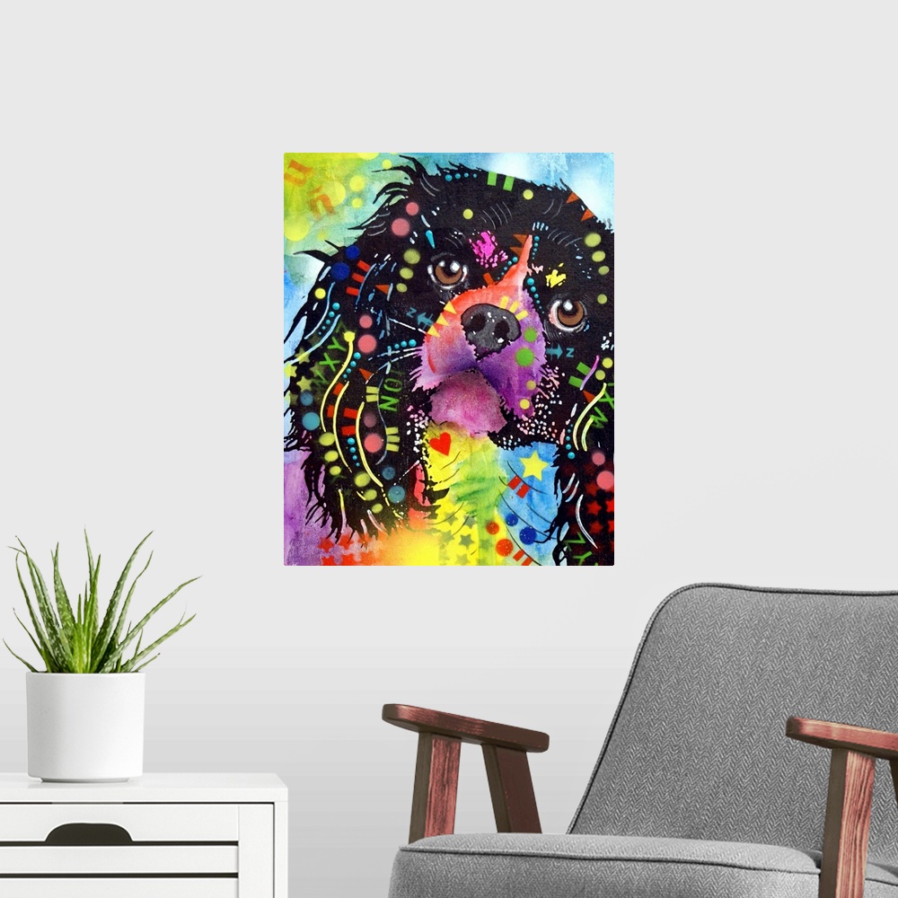 A modern room featuring Contemporary stencil painting of a king charles spaniel filled with various colors and patterns.