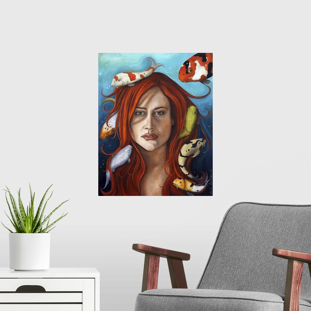 A modern room featuring Surrealist painting of a woman with red hair with koi swimming all around her.
