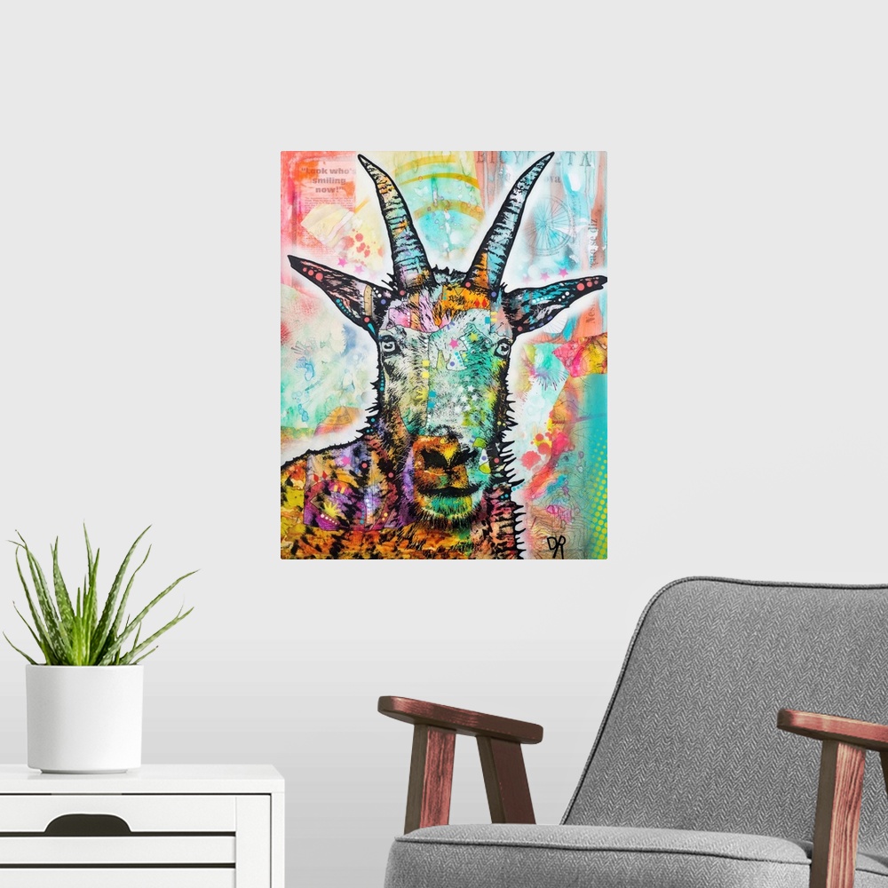 A modern room featuring Painted portrait of a goat on a colorfully designed background.