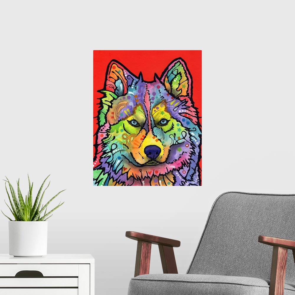 A modern room featuring Colorful painting of a wolf with abstract markings on a bright red background.