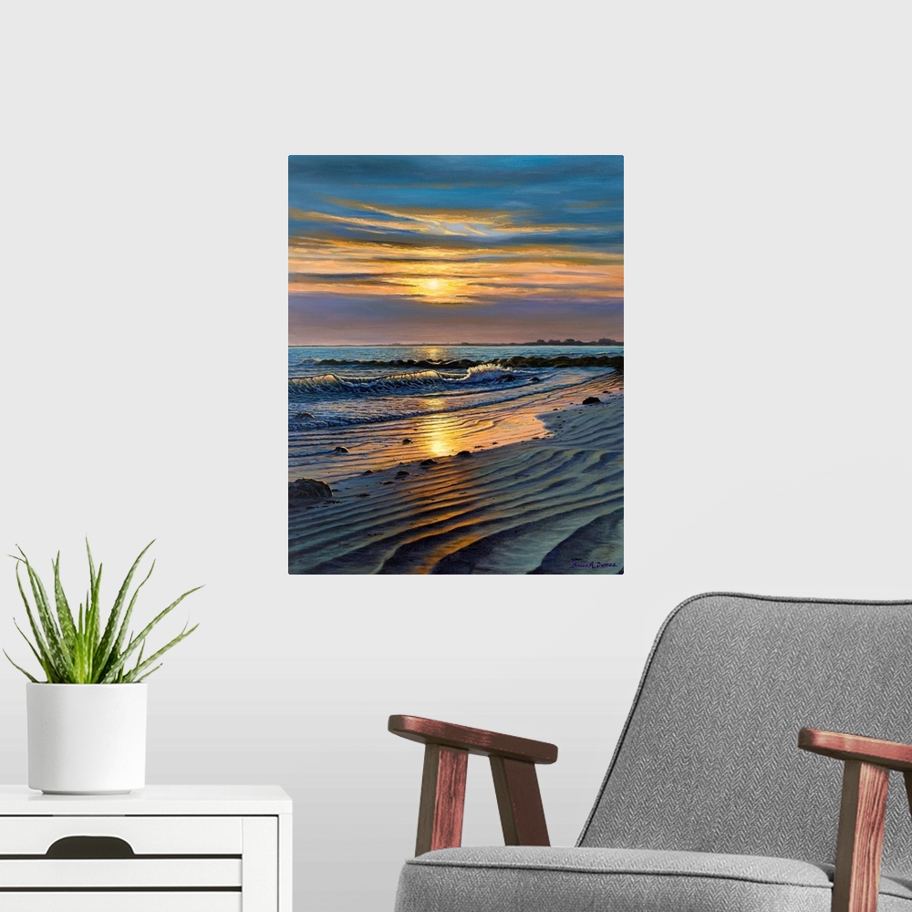 A modern room featuring Contemporary artwork of a beach and ocean views at sunset