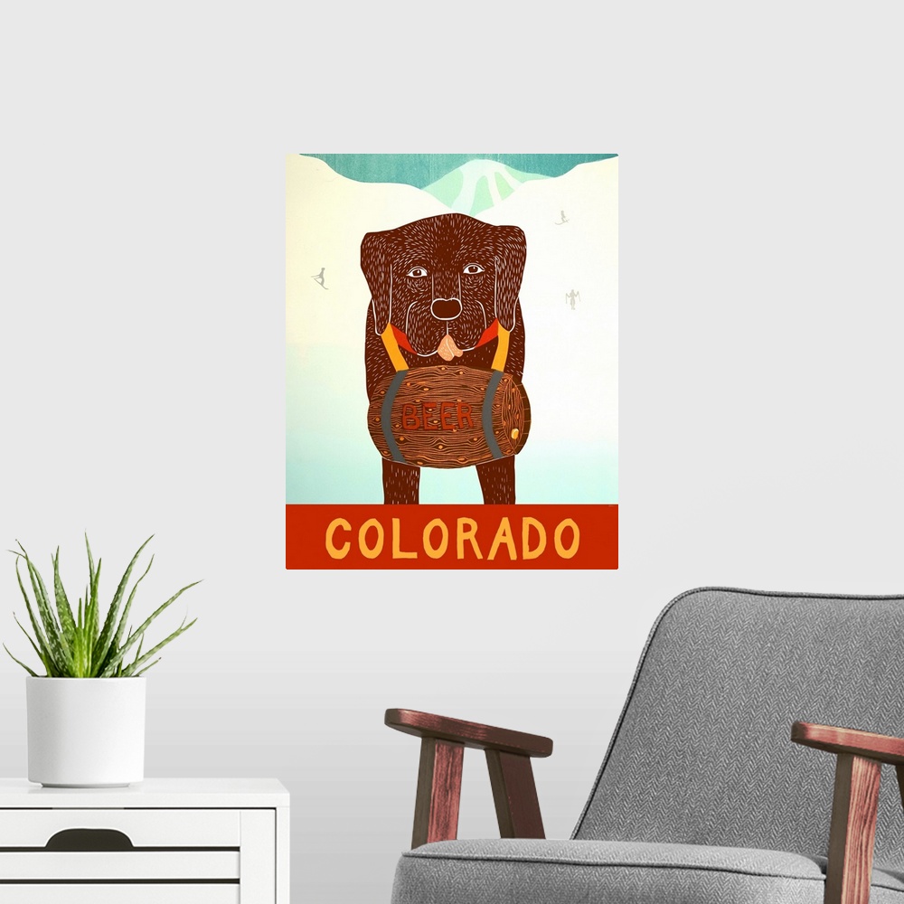 A modern room featuring Illustration of a chocolate lab with a barrel of beer around its neck on the ski slopes with "Col...