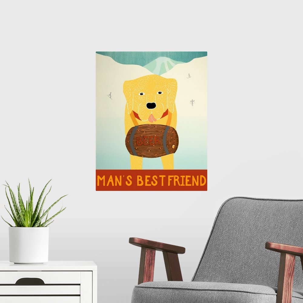 A modern room featuring Illustration of a yellow lab with a barrel of beer around its neck on the ski slopes with the phr...