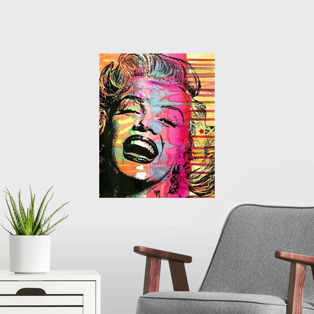 A modern room featuring Colorful illustration of Marilyn Monroe laughing with busy painted designs in the background.