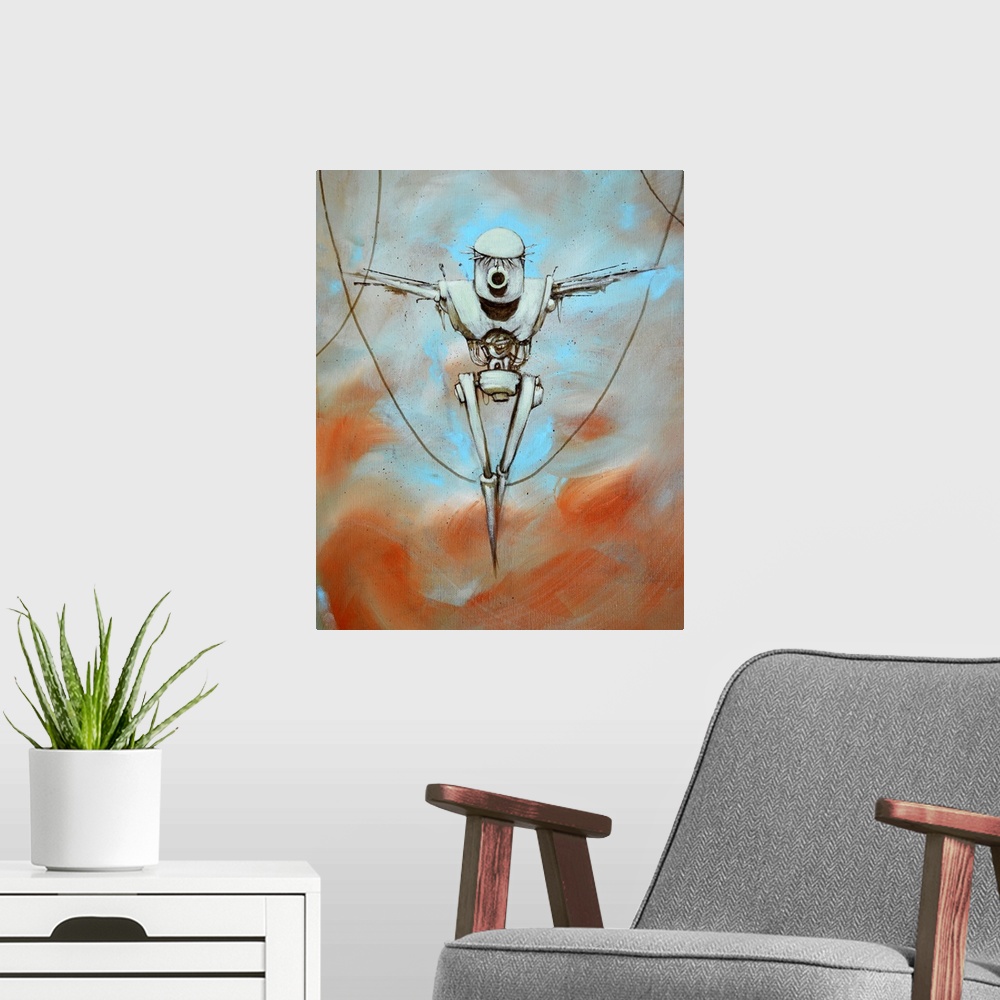 A modern room featuring Illustration of a robot hanging from cords.