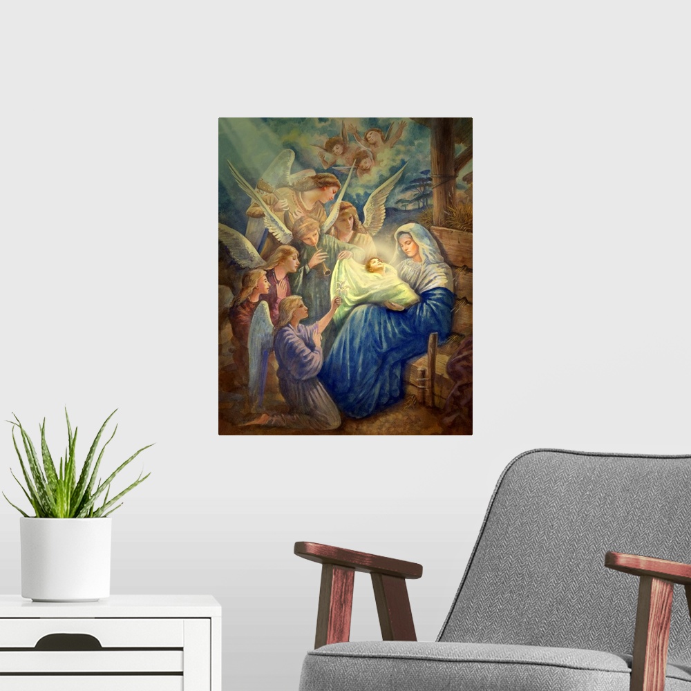 A modern room featuring Mary and Newborn Jesus