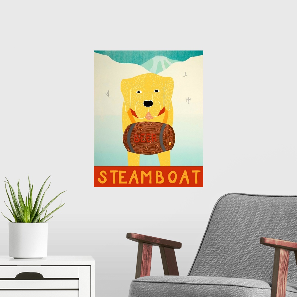 A modern room featuring Illustration of a yellow lab with a barrel of beer around its neck on the ski slopes with "Steamb...
