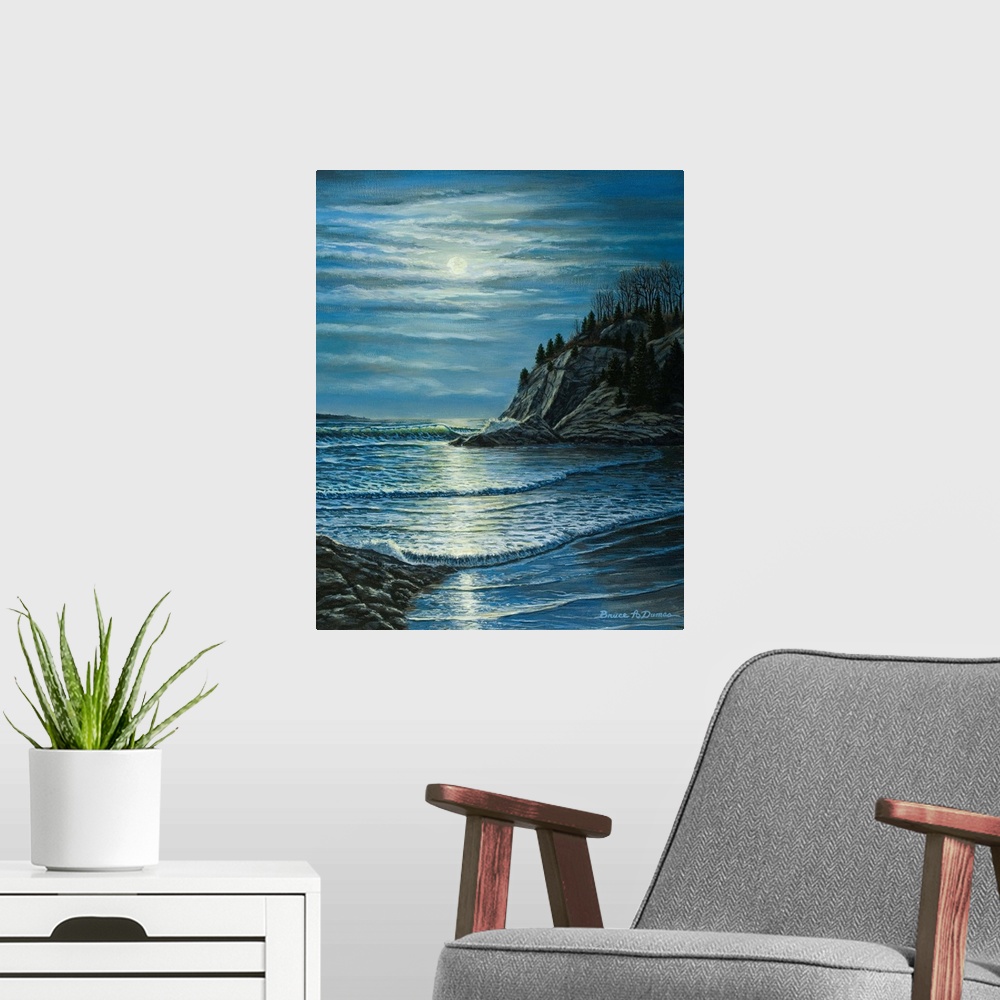 A modern room featuring Contemporary artwork of a moonlit seascape.