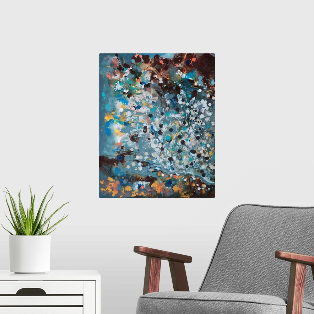 A modern room featuring Contemporary abstract painting resembling a galaxy and stars.