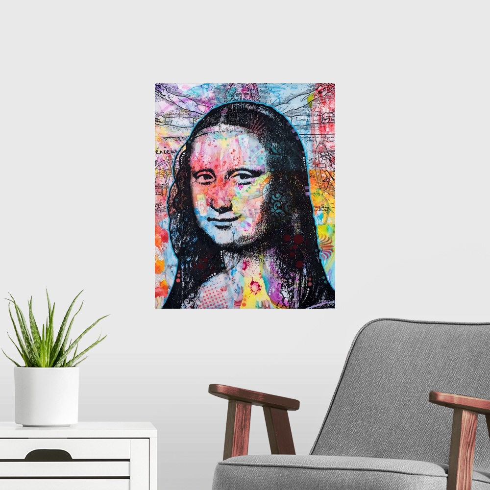 A modern room featuring Illustration of the Mona Lisa with da Vinci's Vitruvian Man on the colorful background.