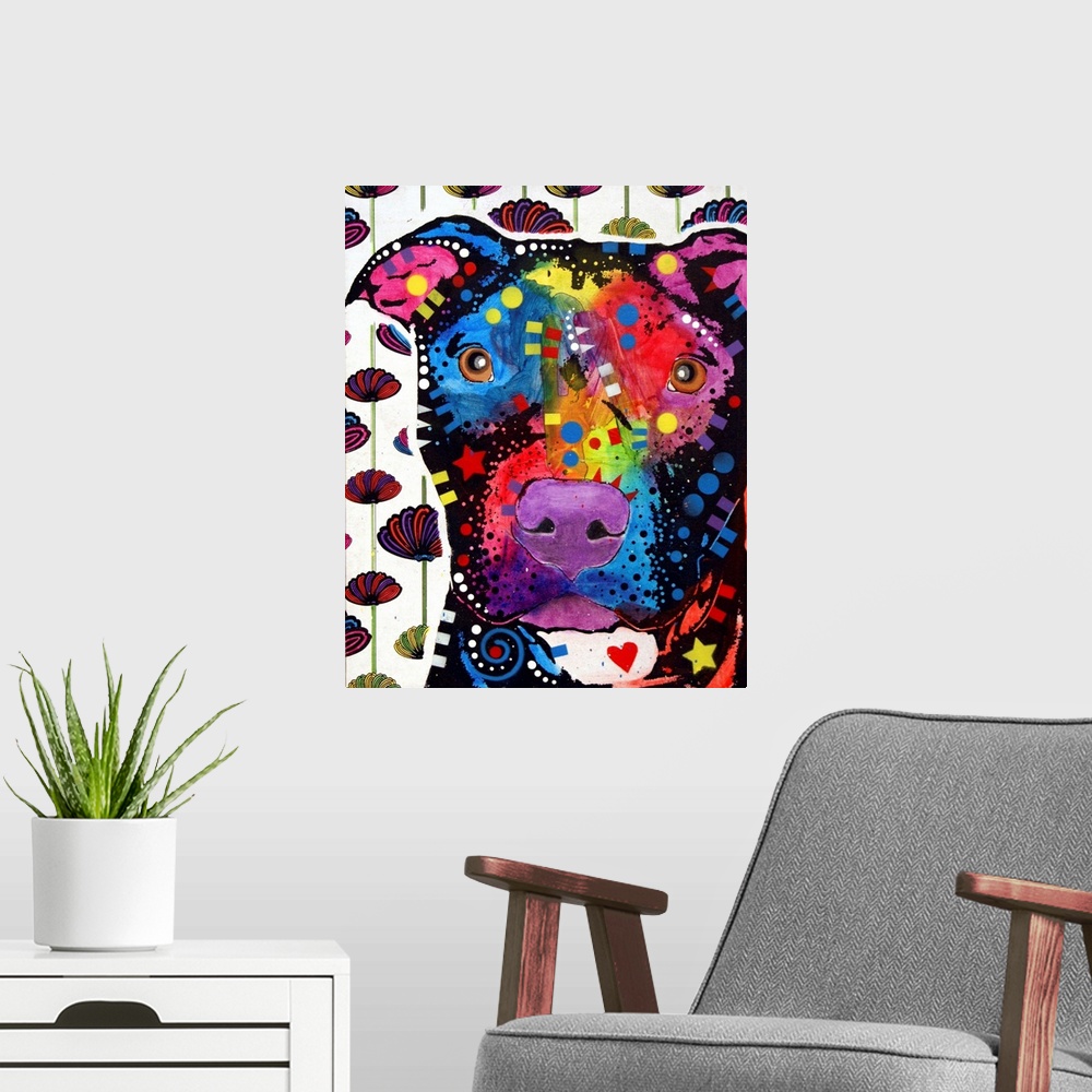 A modern room featuring Contemporary stencil painting of a pit bull filled with various colors on an abstract floral-patt...