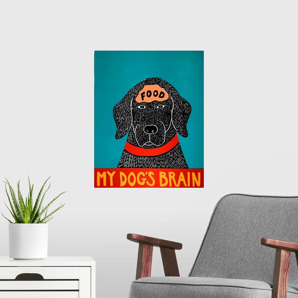 A modern room featuring Illustration of a black lab with the word "Food" written on its brain and the phrase "My Dog's Br...