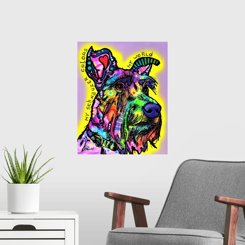 A modern room featuring "My Schnauzer Colors My Wold" handwritten around a colorful painting of a Schnauzer on a purple b...