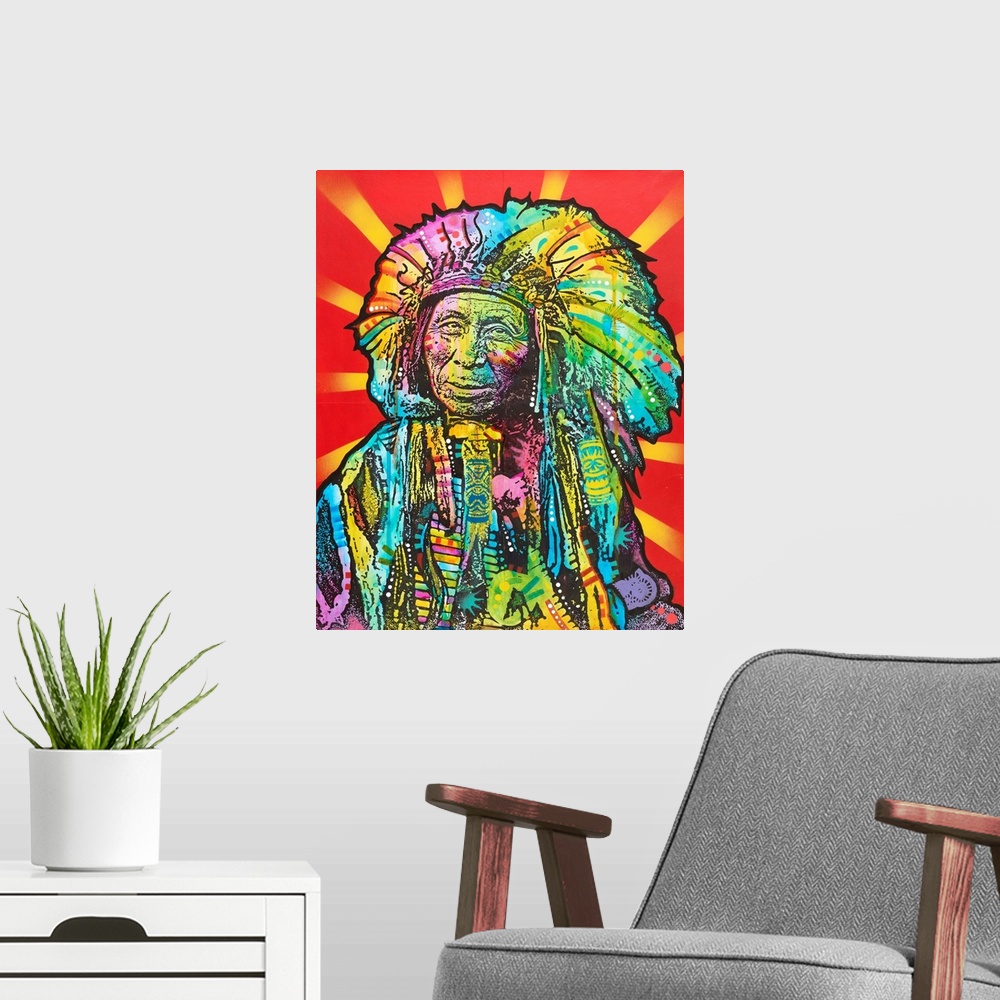 A modern room featuring Illustration of a Native American wearing a head dress with colorful markings all over on a red b...