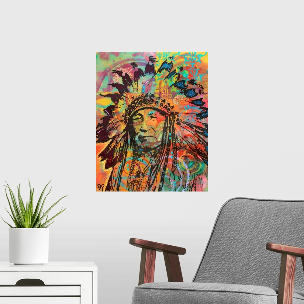 A modern room featuring Graffiti style illustration of a Native American with various colors.