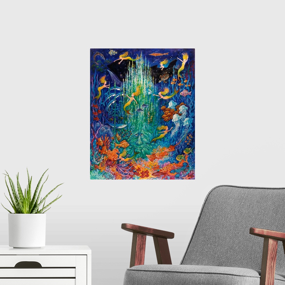 A modern room featuring Neptune and the mermaids.