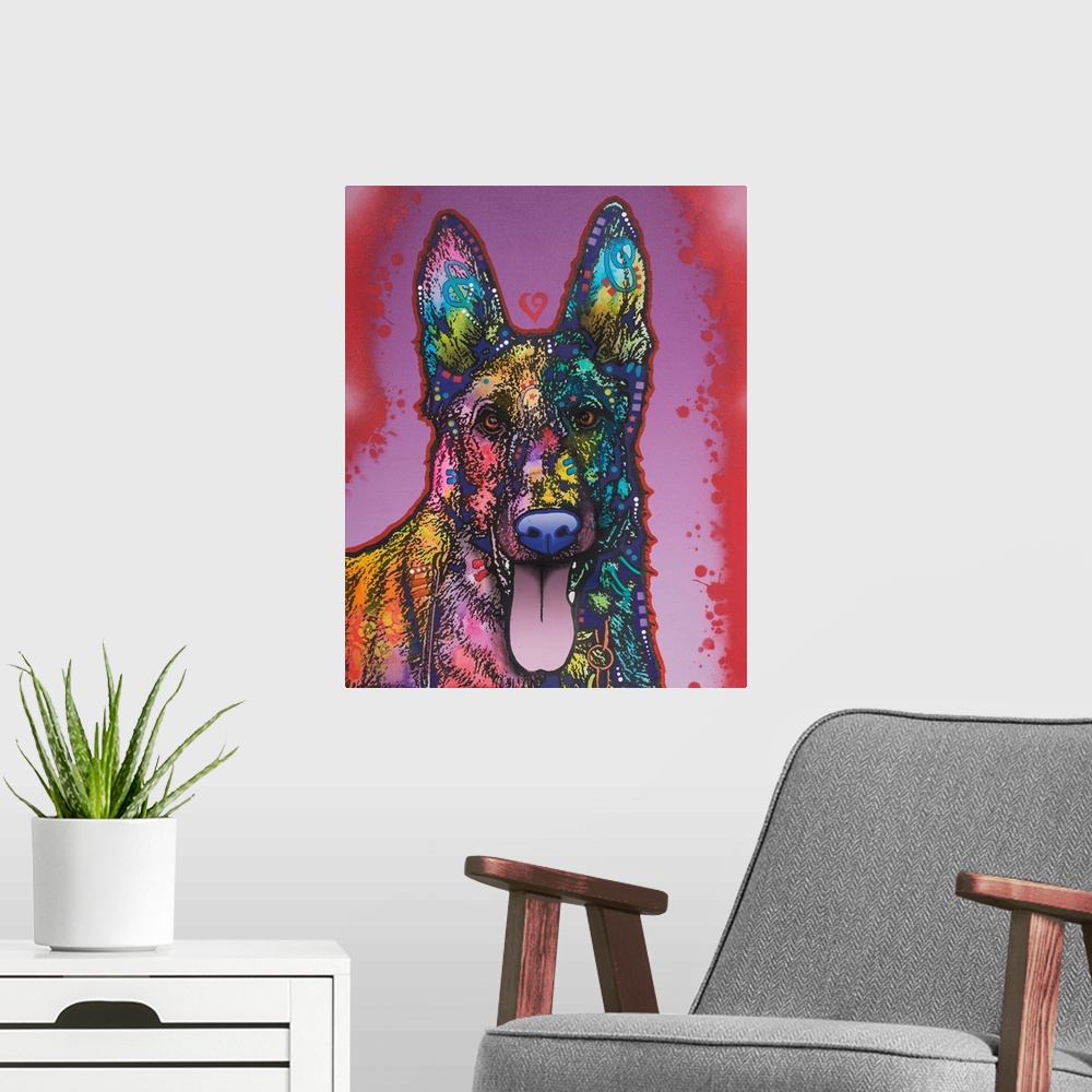 A modern room featuring Illustration of a German Shepard dog with different colors and shaped designs on a purple and red...