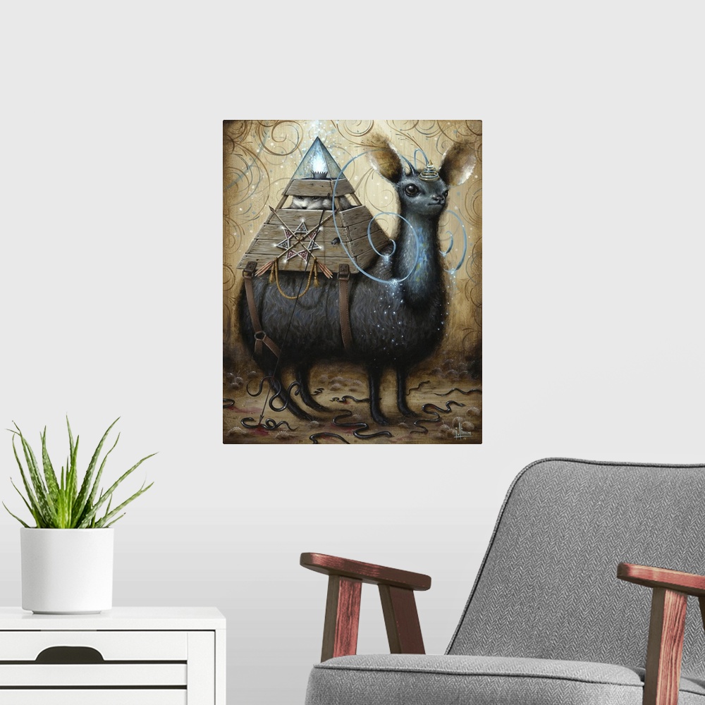 A modern room featuring Surrealist painting of a llama-type animal with pyramid shaped box on its back containing an animal.