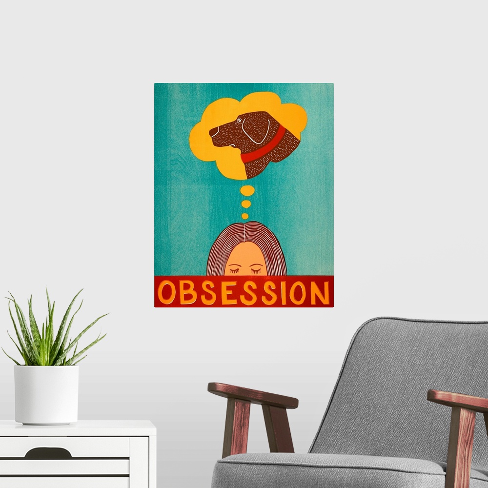 A modern room featuring Illustration of a woman with a thought bubble above her head that has a picture of her chocolate ...