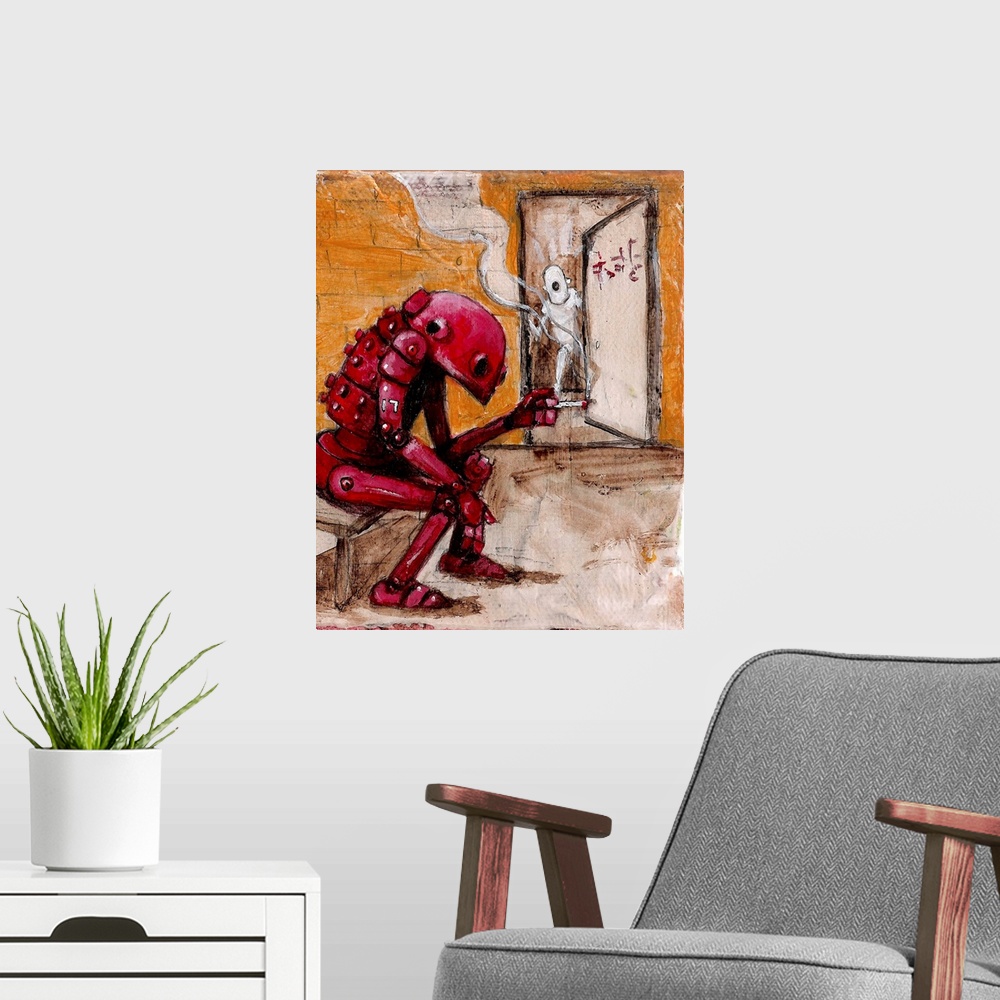 A modern room featuring Illustration of a red robot sitting on a bench and smoking.