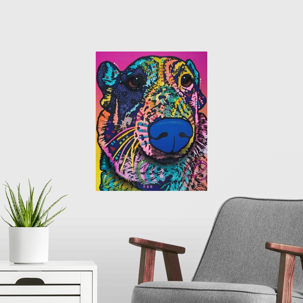 A modern room featuring Pop art style painting of a colorful dog with a fluffy neck, sad eyes, and graffiti-like designs ...