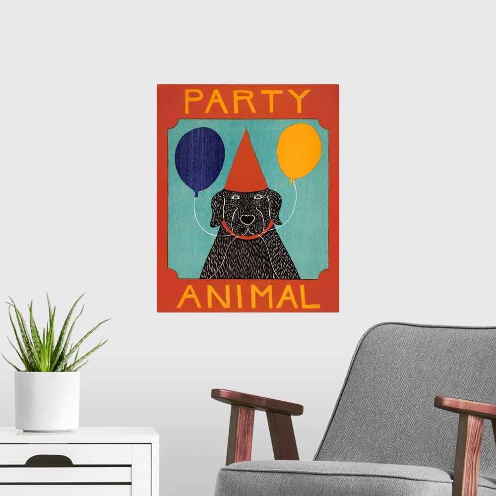 A modern room featuring Illustration of a black lab wearing a red party hat and holding two balloons in its mouth with th...