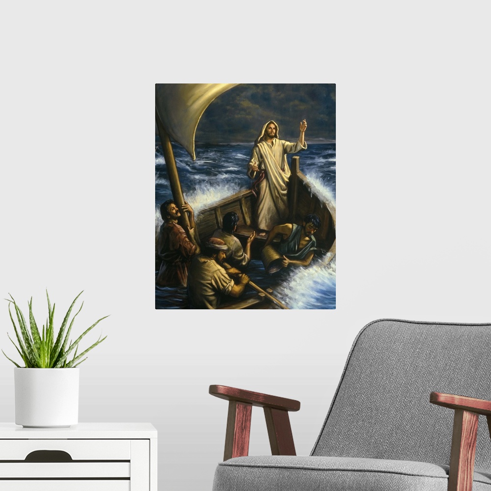 A modern room featuring Jesus calming the rough ocean waters.