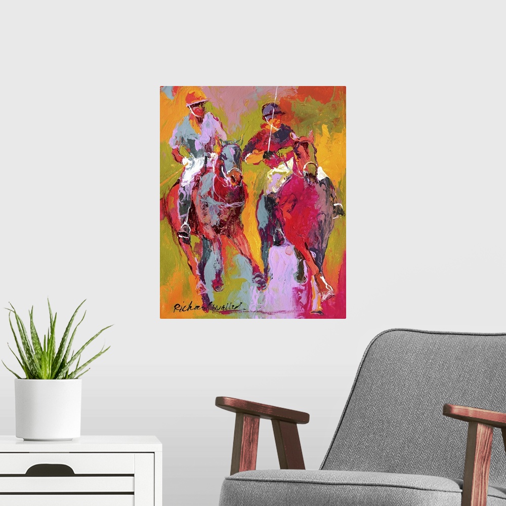 A modern room featuring Contemporary colorful painting of a polo match from atop horseback.